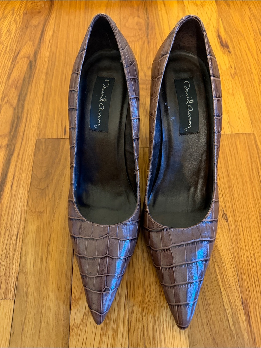 Pointed-Toe Croc-Embossed Pumps in Brown by David Aaron